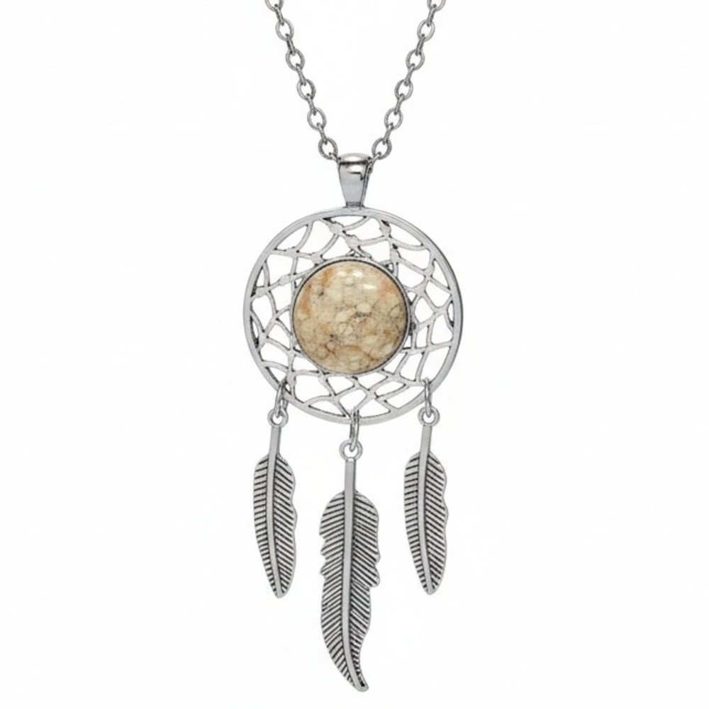 Dreamcatcher Pendant Necklace with Feathers‎ Unakite  Silver Tone